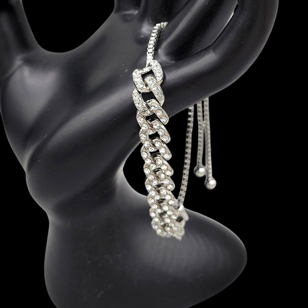 Silver Tone Encrusted Rhinestone Bracelet Flat Link Adjustable Bolo Clasp - Picture 3 of 4